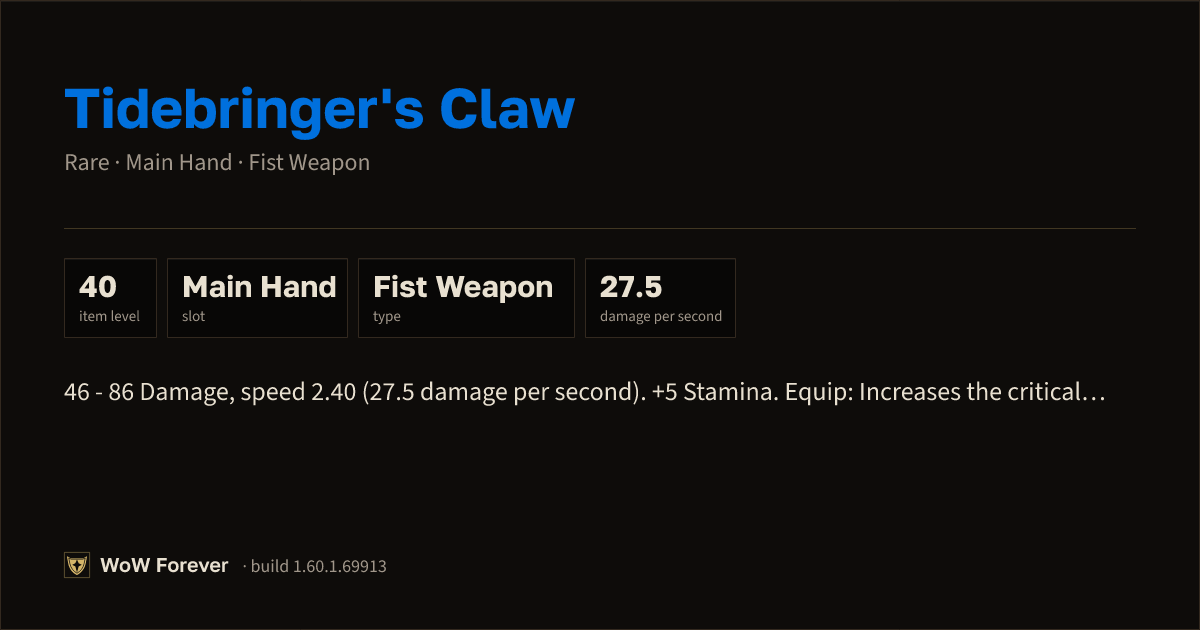 The preview card for Tidebringer's Claw - Rare Main-Hand Fist Weapon