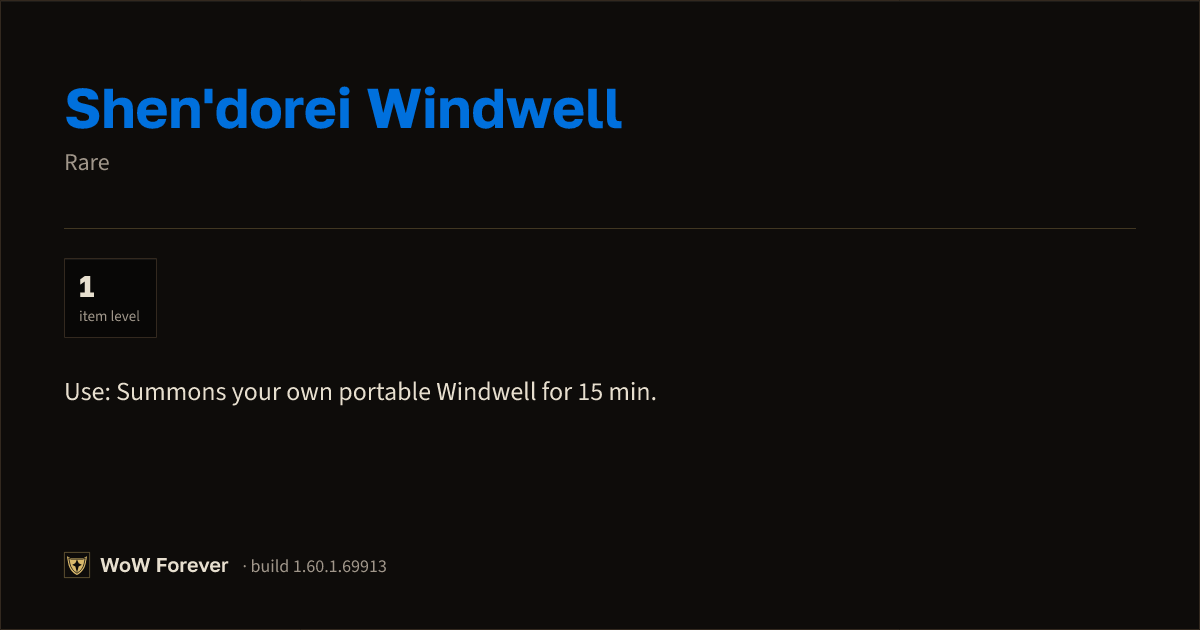 The preview card for Shen'dorei Windwell - Rare Item, Item Level 1