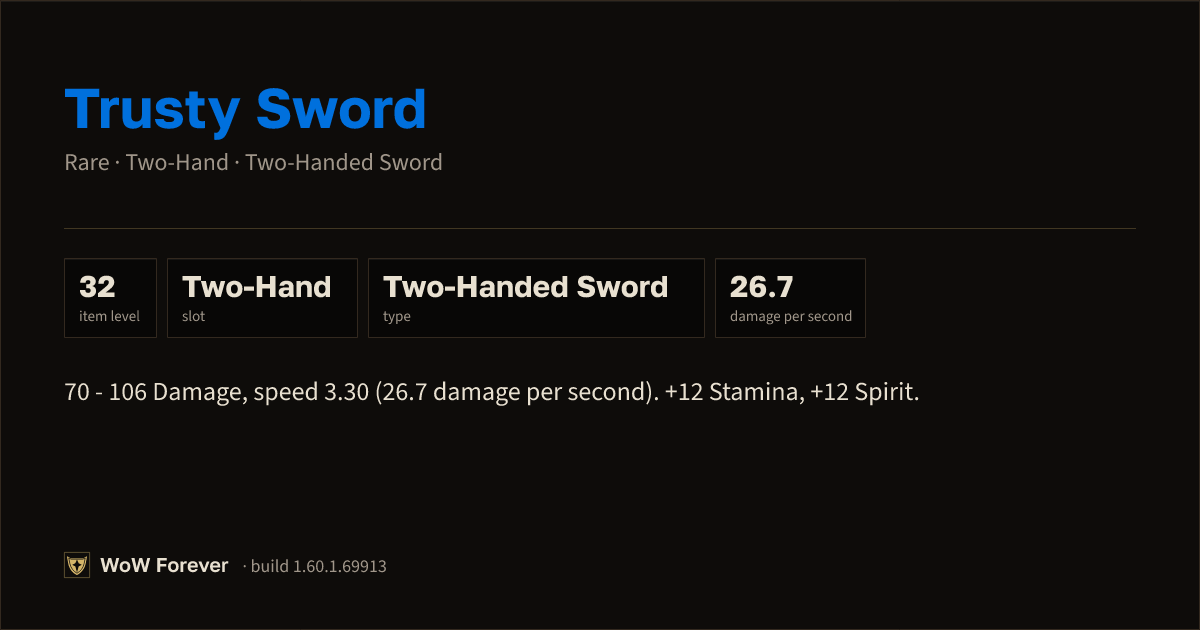 The preview card for Trusty Sword - Rare Two-Hand Sword, Item Level 32