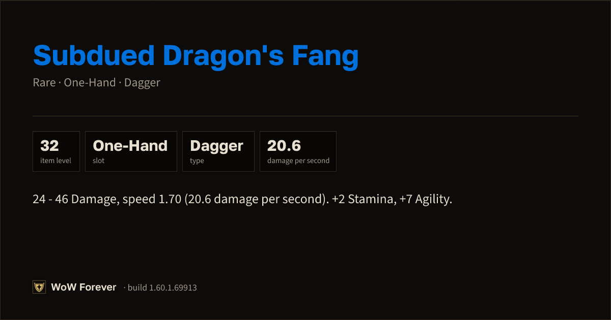 The preview card for Subdued Dragon's Fang - Rare One-Hand Dagger