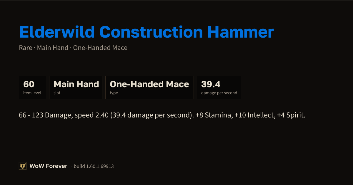 The preview card for Elderwild Construction Hammer - Rare Main-Hand Mace