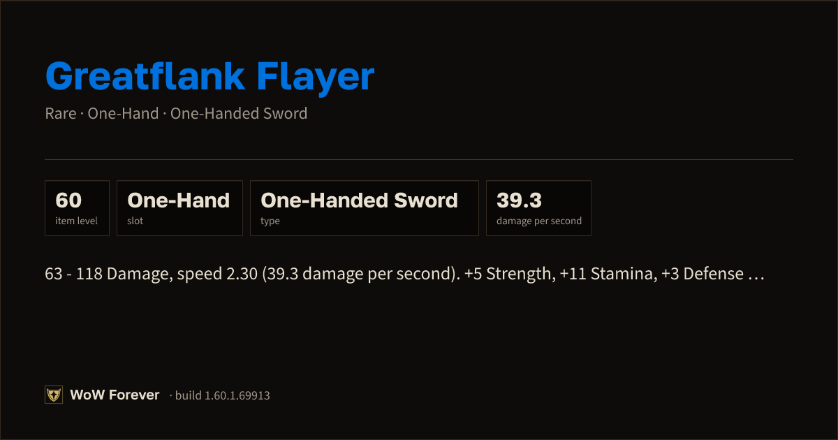 The preview card for Greatflank Flayer - Rare One-Hand Sword