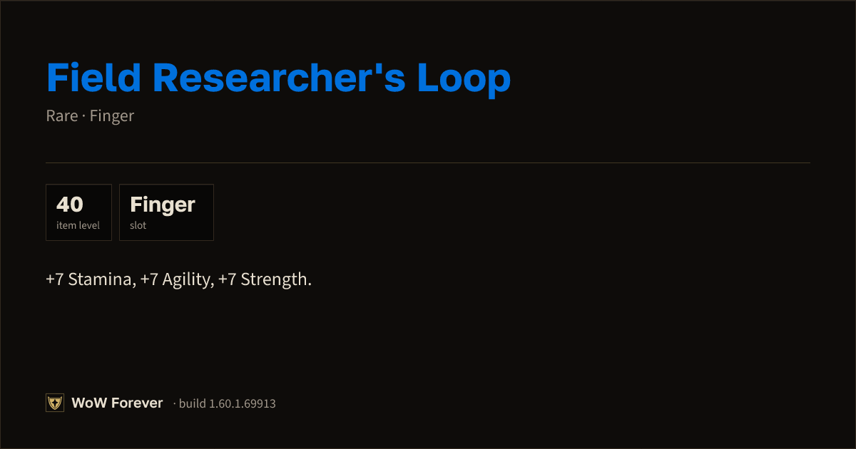 The preview card for Field Researcher's Loop - Rare Ring, Item Level 40