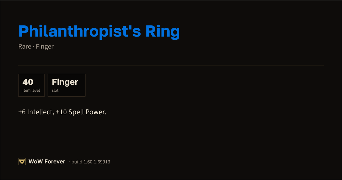 The preview card for Philanthropist's Ring - Rare Ring, Item Level 40