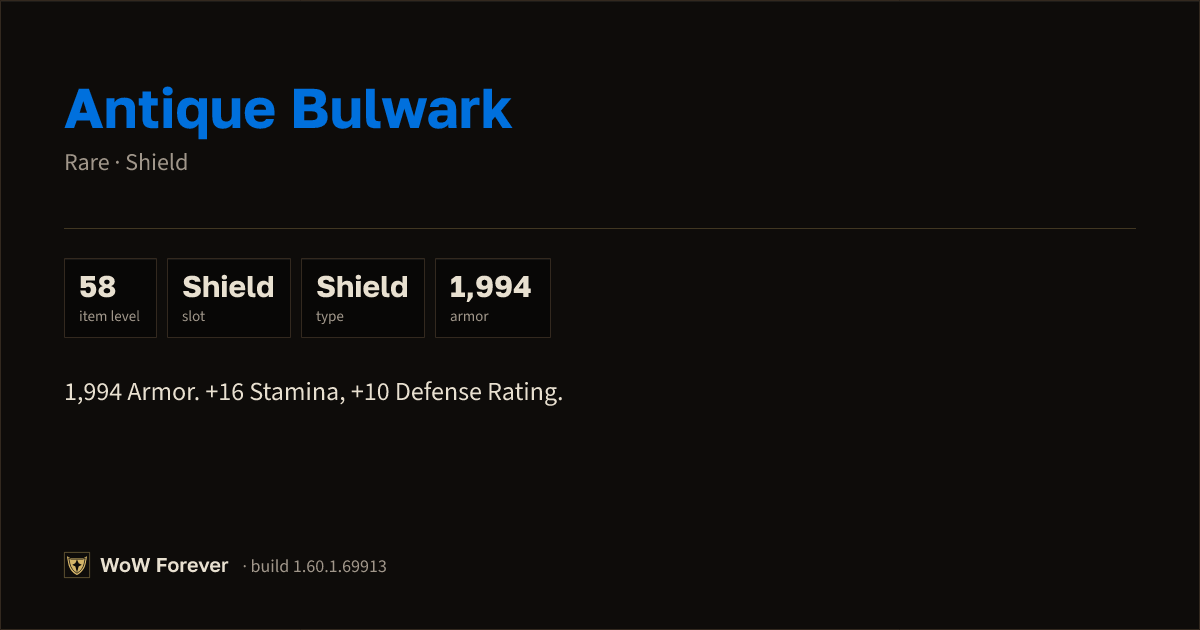 The preview card for Antique Bulwark - Rare Shield, Item Level 58