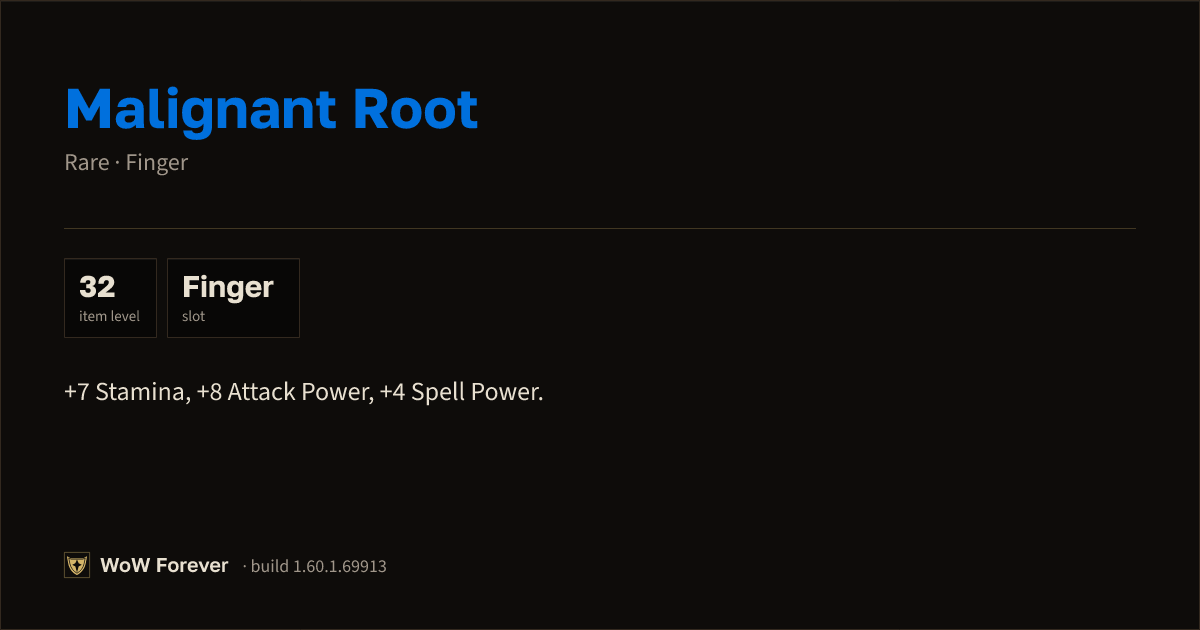 The preview card for Malignant Root - Rare Ring, Item Level 32