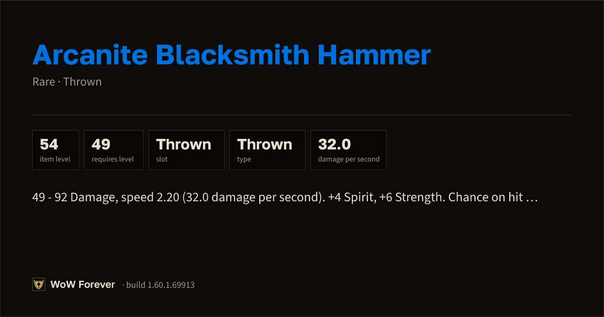 The preview card for Arcanite Blacksmith Hammer - Rare Thrown Weapon