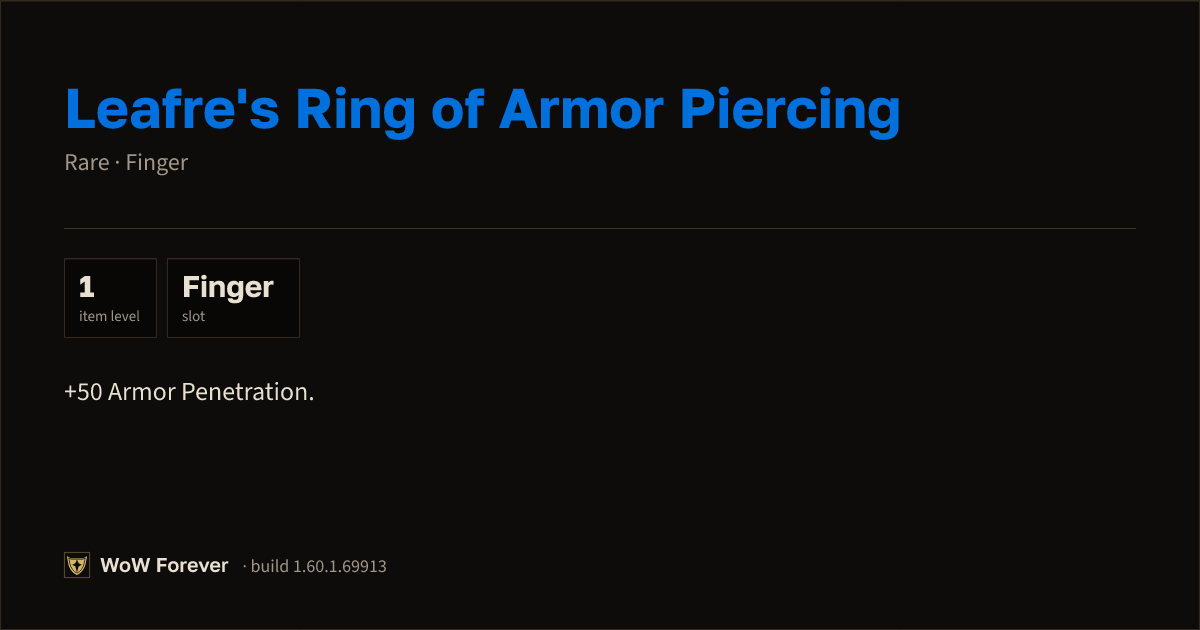 The preview card for Leafre's Ring of Armor Piercing - Rare Ring