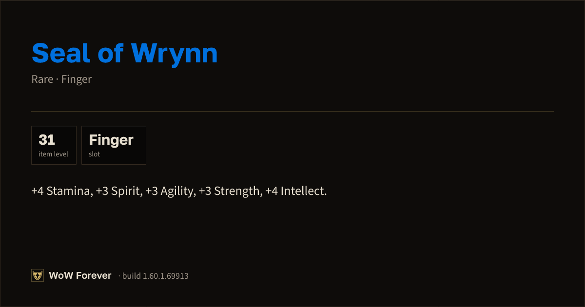 The preview card for Seal of Wrynn - Rare Ring, Item Level 31