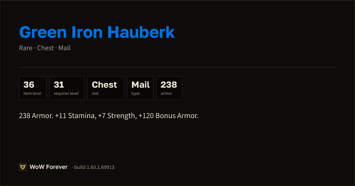The preview card for Green Iron Hauberk - Rare Mail Chest, Item Level 36