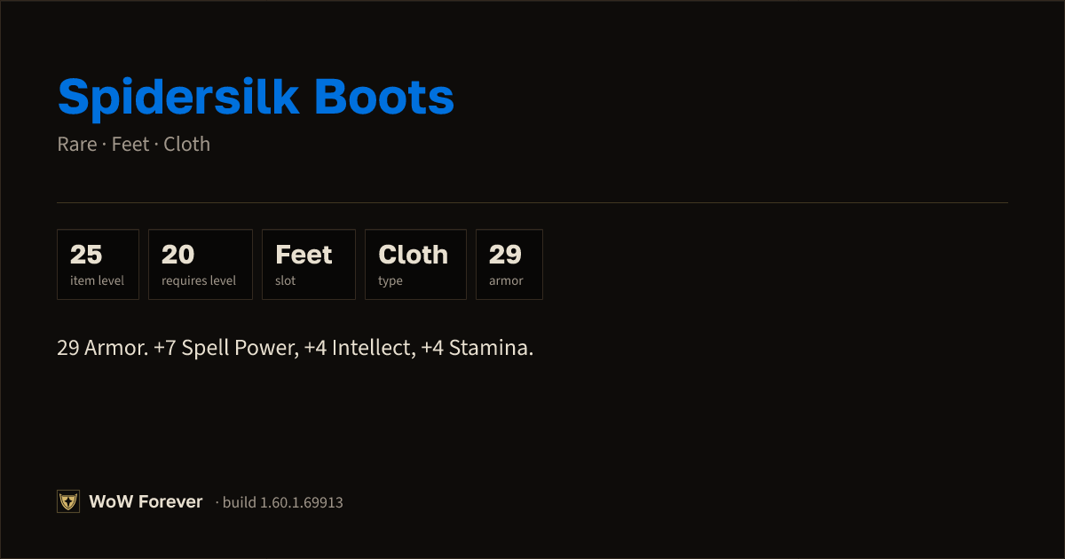The preview card for Spidersilk Boots - Rare Cloth Feet, Item Level 25