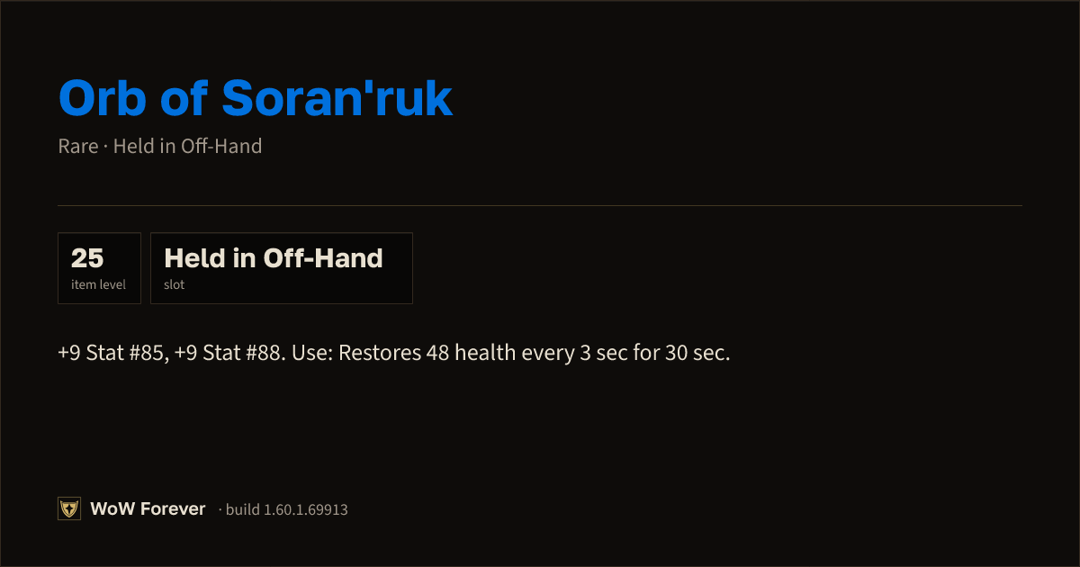 The preview card for Orb of Soran'ruk - Rare Off-Hand Item