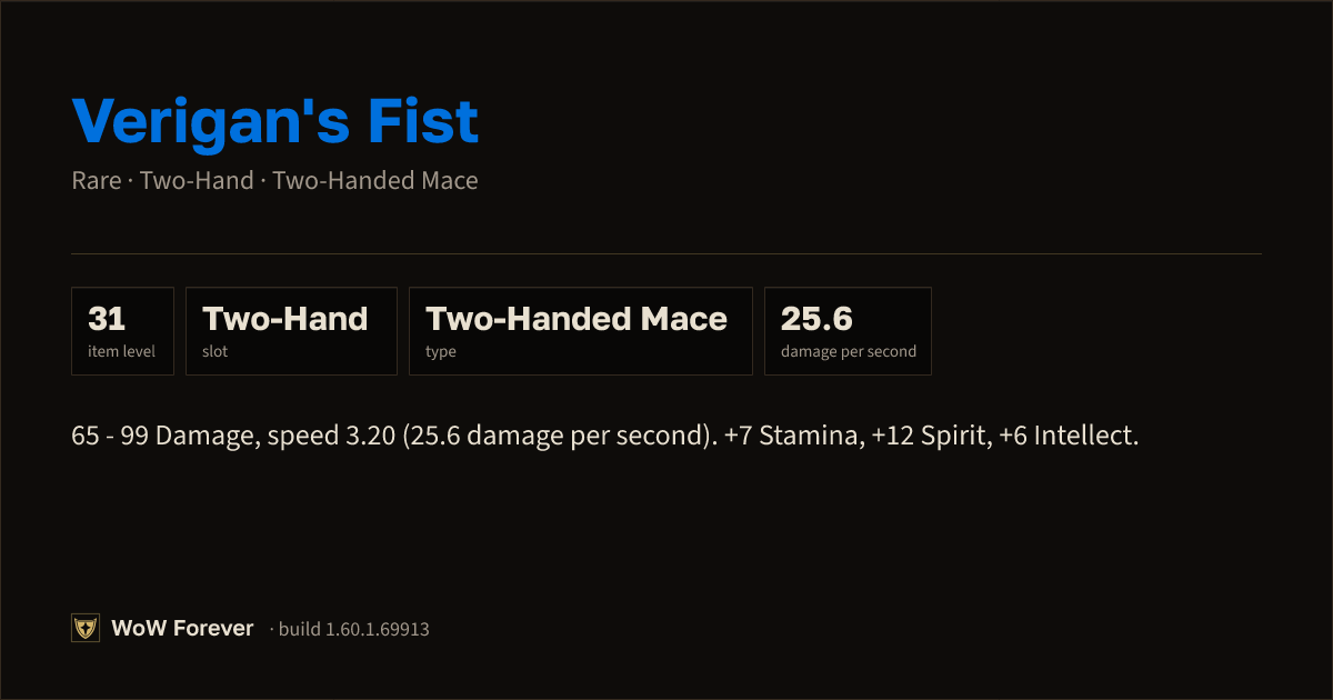 The preview card for Verigan's Fist - Rare Two-Hand Mace, Item Level 31