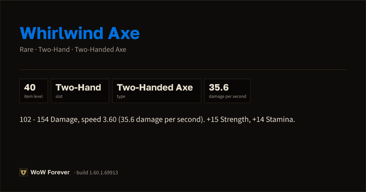 The preview card for Whirlwind Axe - Rare Two-Hand Axe, Item Level 40