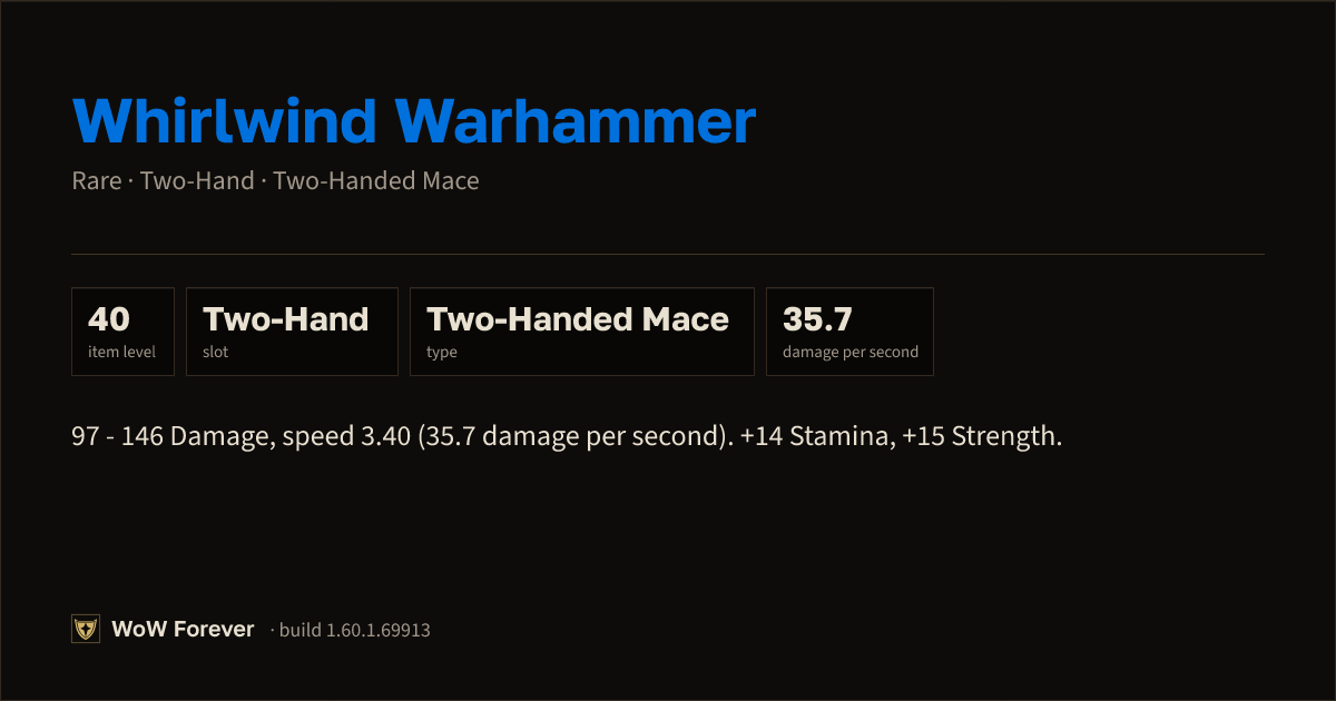 The preview card for Whirlwind Warhammer - Rare Two-Hand Mace