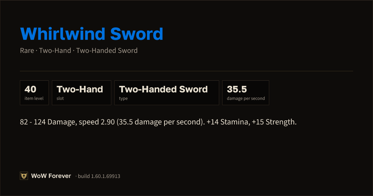 The preview card for Whirlwind Sword - Rare Two-Hand Sword