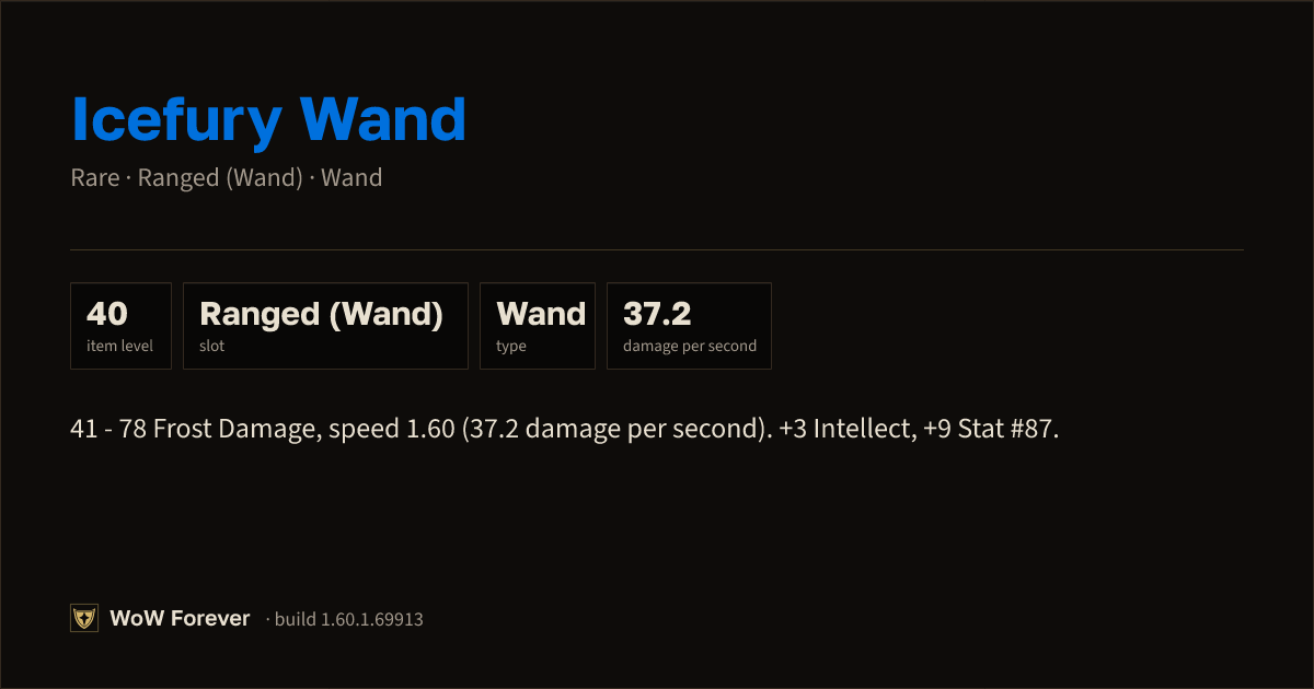 The preview card for Icefury Wand - Rare Wand, Item Level 40