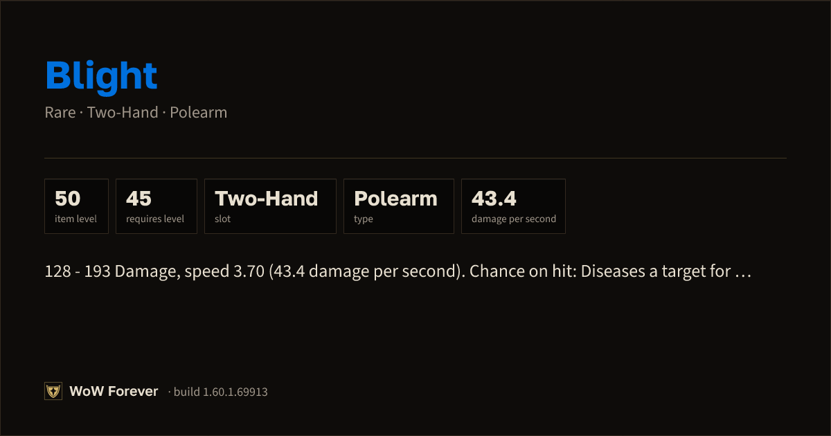 The preview card for Blight - Rare Two-Hand Polearm, Item Level 50