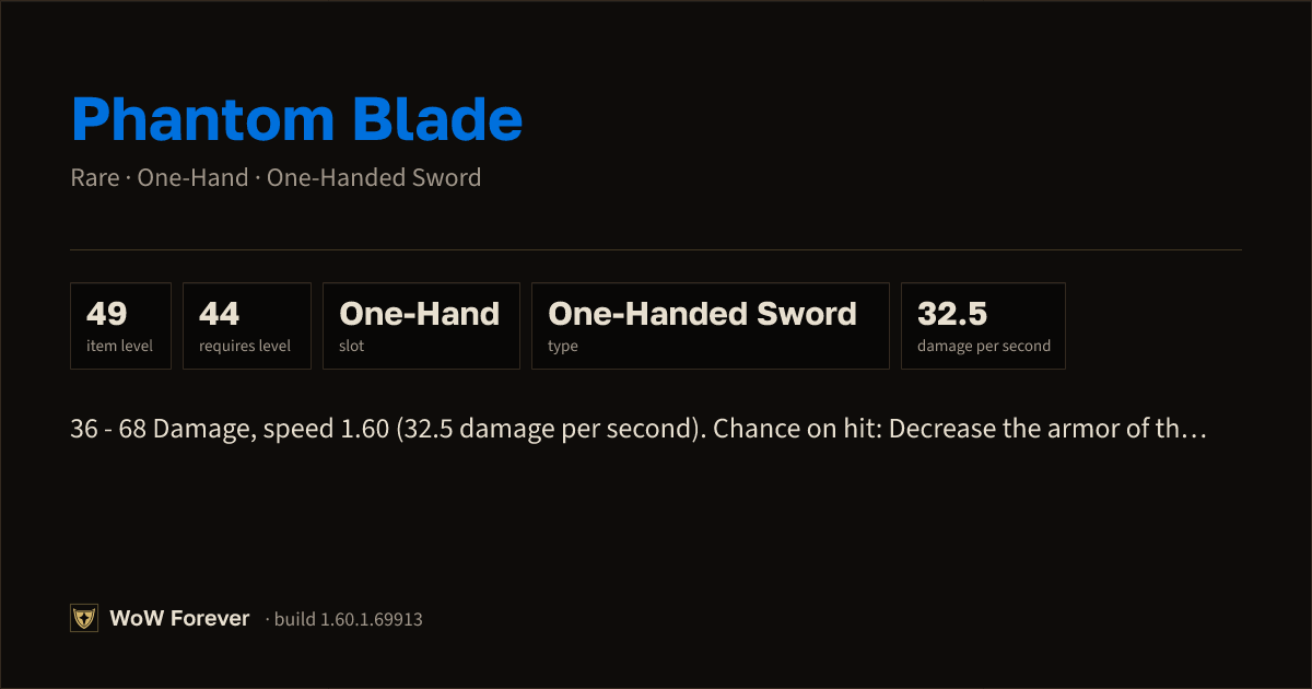 The preview card for Phantom Blade - Rare One-Hand Sword, Item Level 49