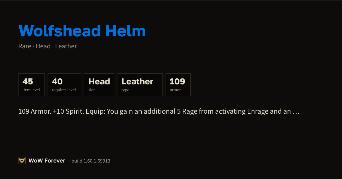 The preview card for Wolfshead Helm - Rare Leather Head, Item Level 45