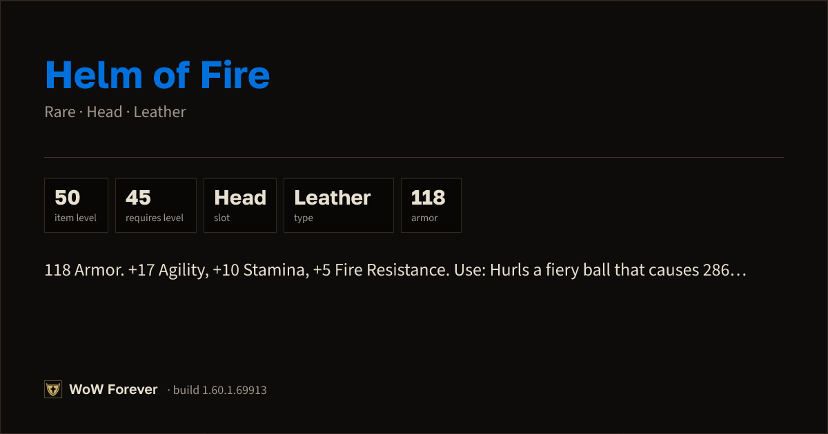 The preview card for Helm of Fire - Rare Leather Head, Item Level 50