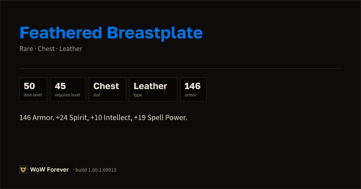 The preview card for Feathered Breastplate - Rare Leather Chest