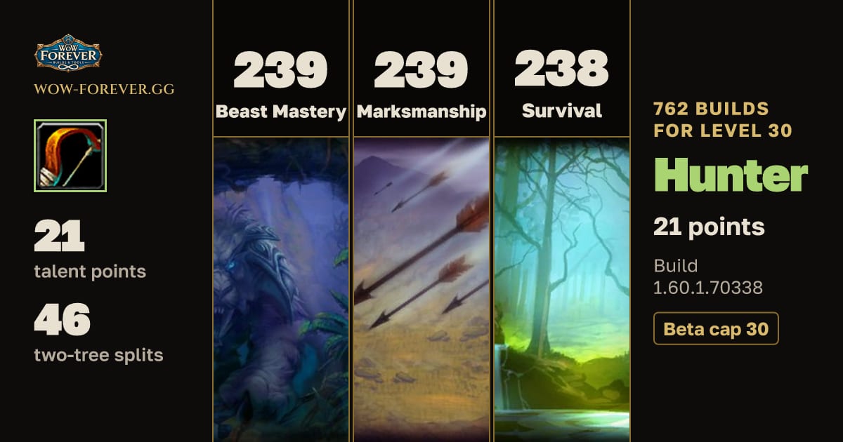 The preview card for 762 Hunter builds for level 30 in WoW Forever