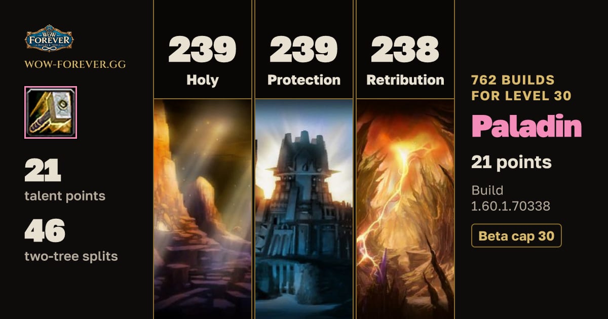 The preview card for 762 Paladin builds for level 30 in WoW Forever