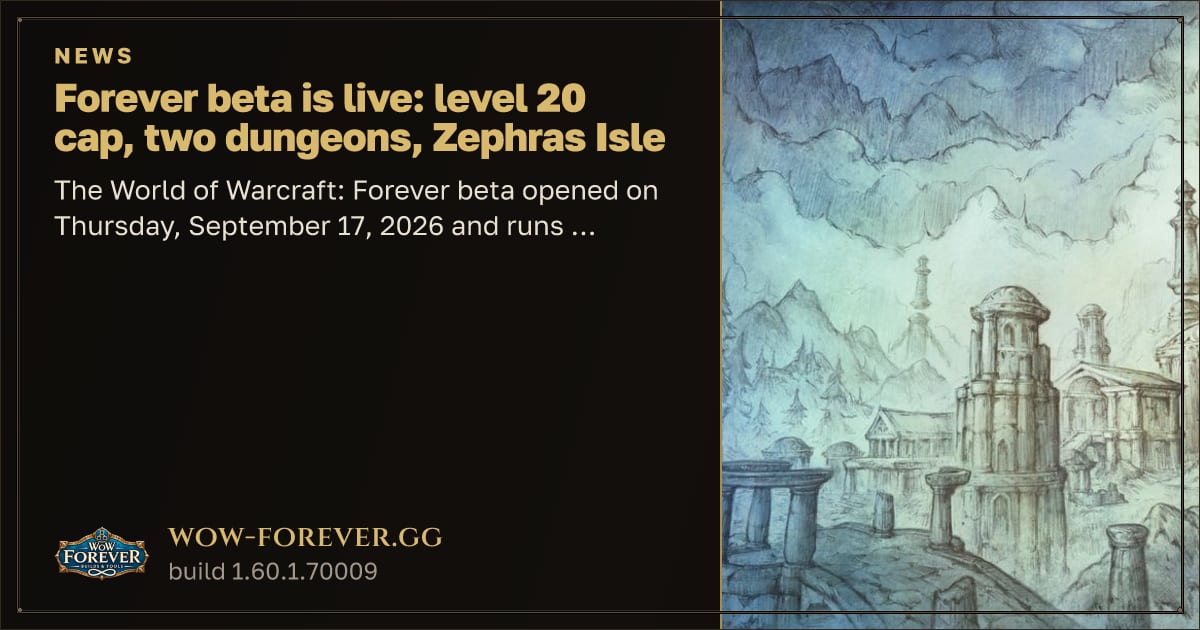 The preview card for Forever beta is live: level 20 cap, two dungeons, Zephras Isle