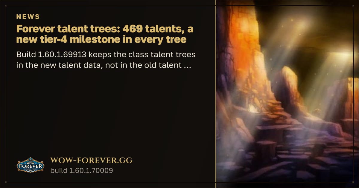 The preview card for Forever talent trees: 469 talents, a new tier-4 milestone in every tree