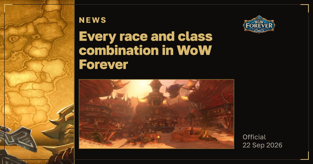 The preview card for Every race and class combination in WoW Forever