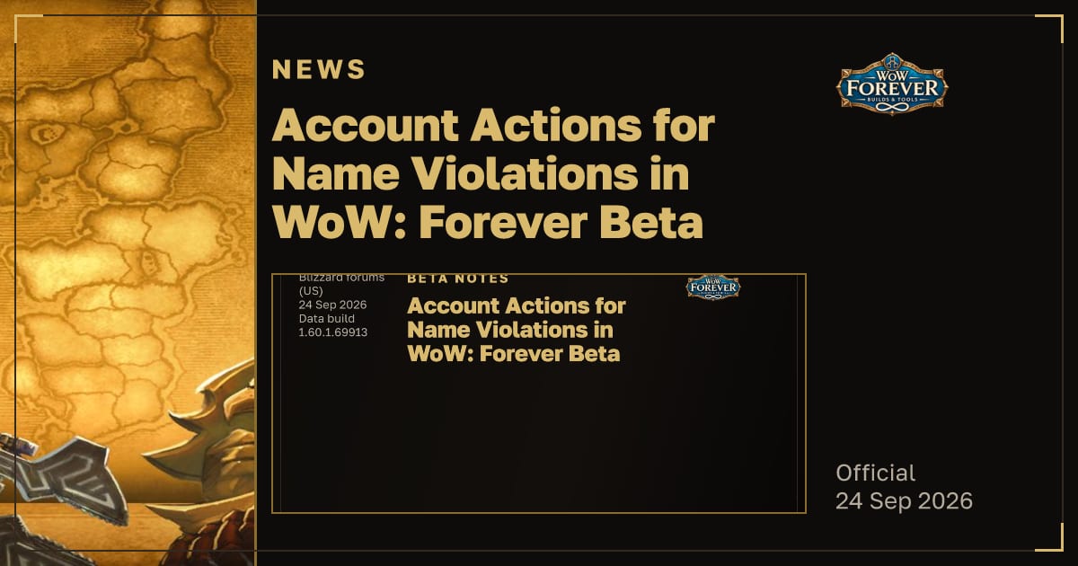 The preview card for Account Actions for Name Violations in WoW: Forever Beta