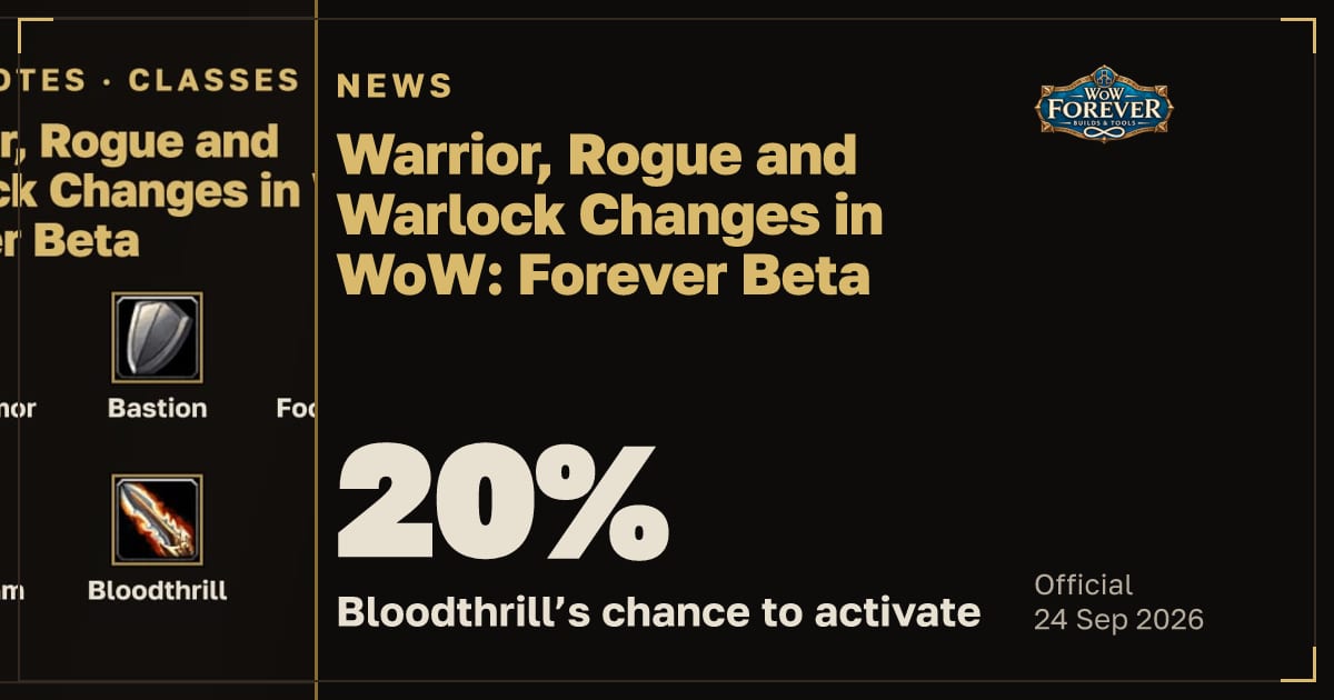 The preview card for Warrior, Rogue and Warlock Changes in WoW: Forever Beta
