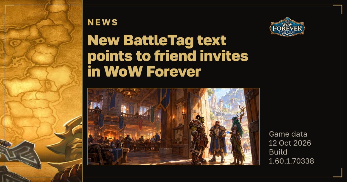 The preview card for New BattleTag text points to friend invites in WoW Forever