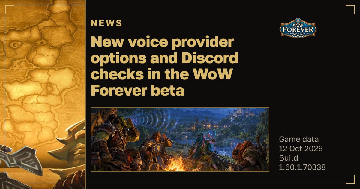 The preview card for New voice provider options and Discord checks in the WoW Forever beta