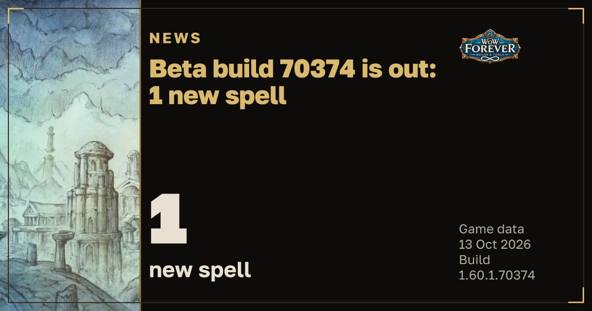 The preview card for Beta build 70374 is out: 1 new spell