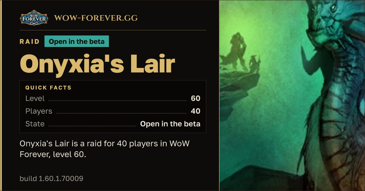 The preview card for Onyxia's Lair - Raid, level 60, 1 bosses