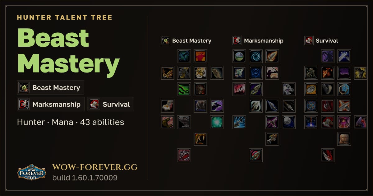 The preview card for Beast Mastery Hunter: talent tree and abilities