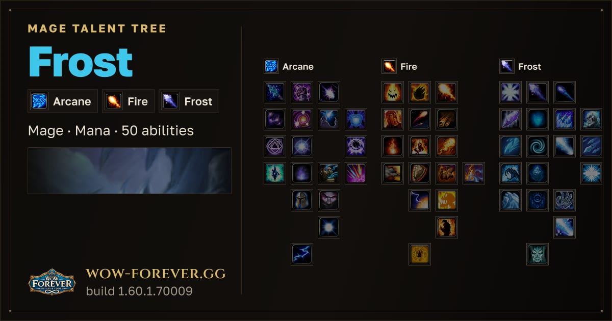 The preview card for Frost Mage: talent tree and abilities
