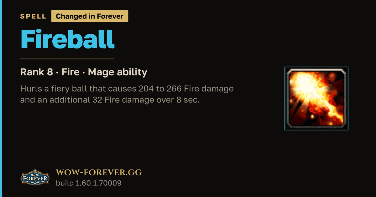 The preview card for Fireball (Rank 8) - Mage Spell