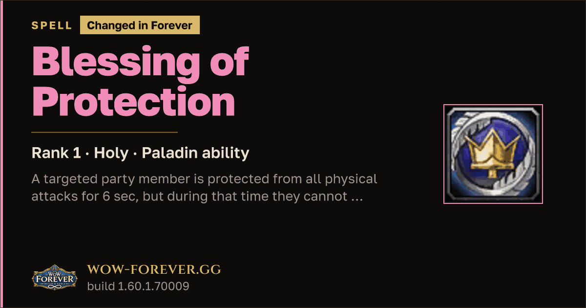 The preview card for Blessing of Protection (Rank 1) - Paladin Spell
