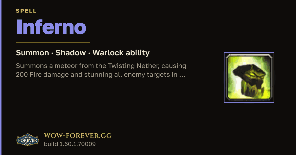 The preview card for Inferno (Summon) - Warlock Spell