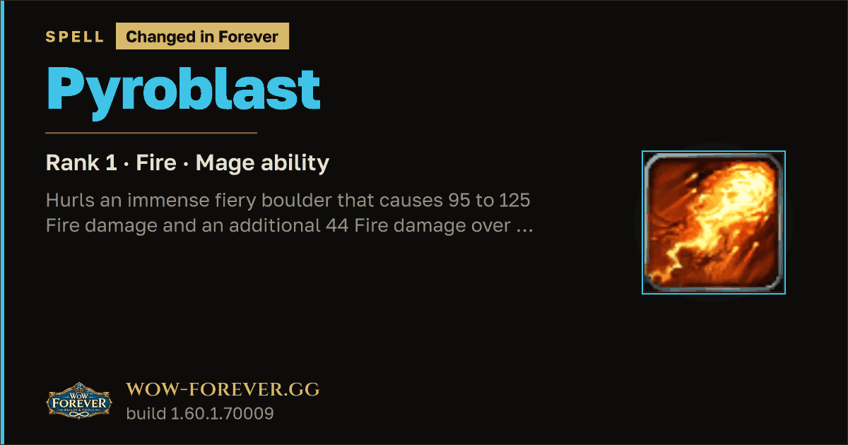 The preview card for Pyroblast (Rank 1) - Mage Talent