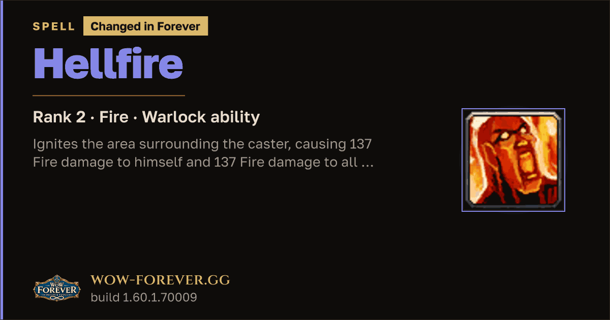 The preview card for Hellfire (Rank 2) - Warlock Spell