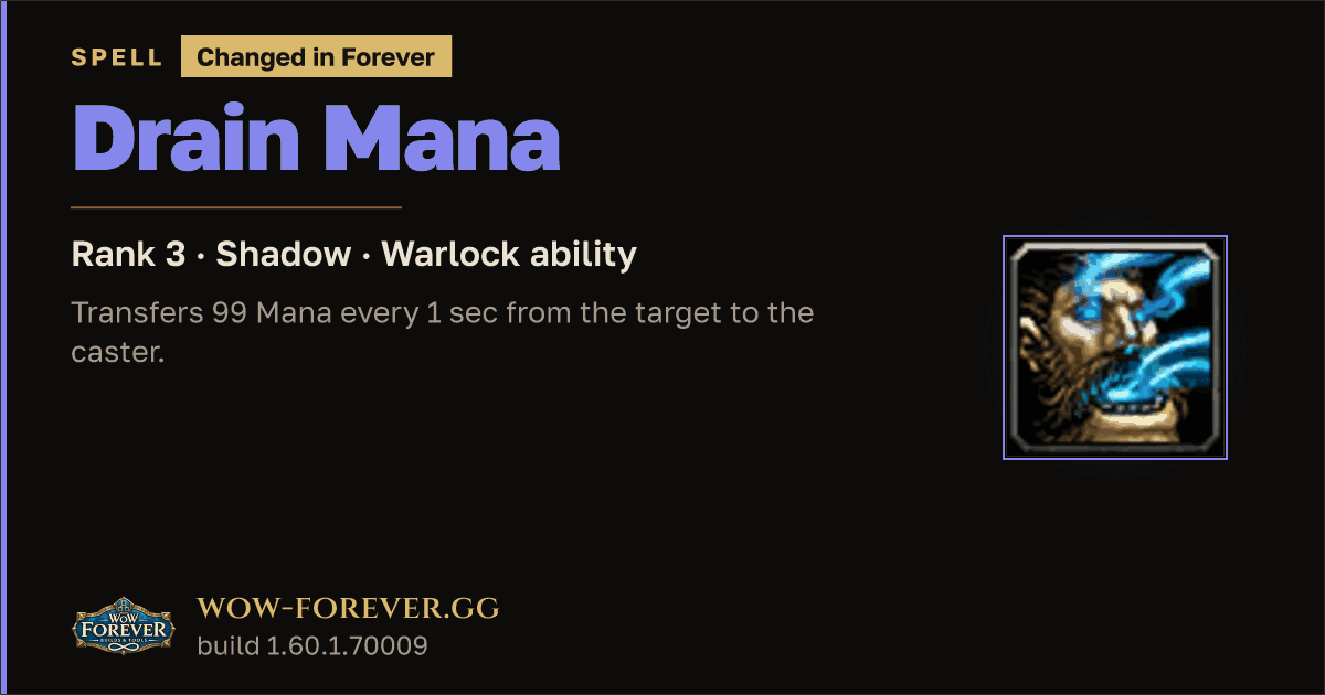 The preview card for Drain Mana (Rank 3) - Warlock Spell