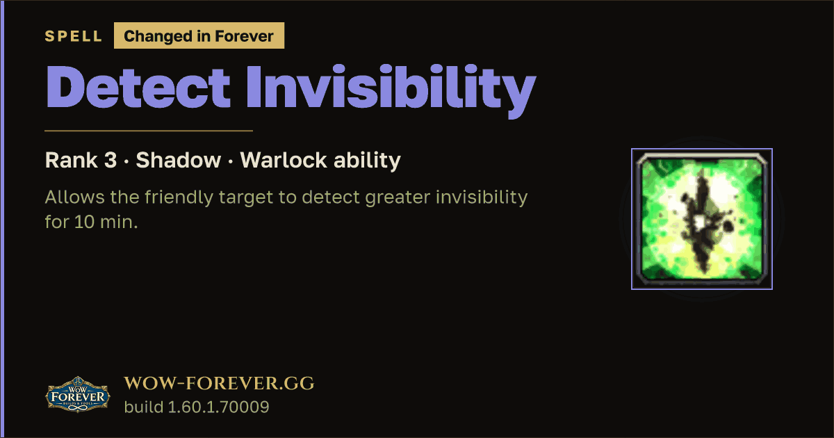 The preview card for Detect Invisibility (Rank 3) - Warlock Spell
