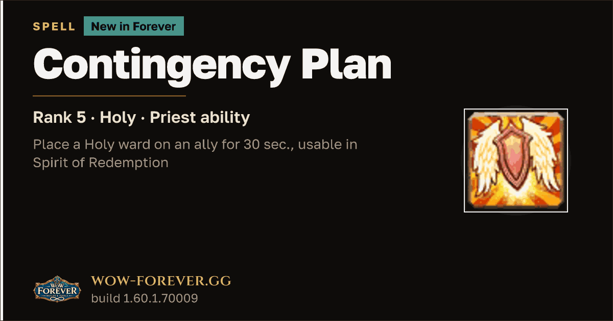 The preview card for Contingency Plan (Rank 5) - Priest Spell