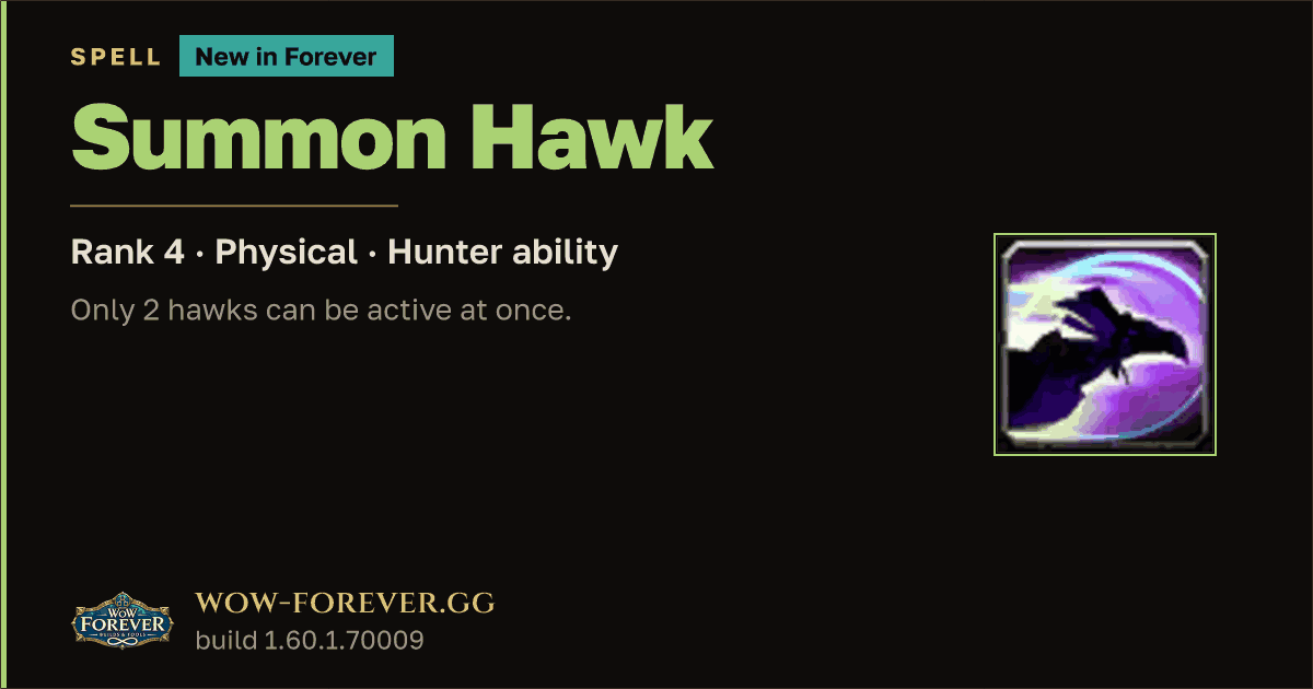 The preview card for Summon Hawk (Rank 4) - Hunter Spell