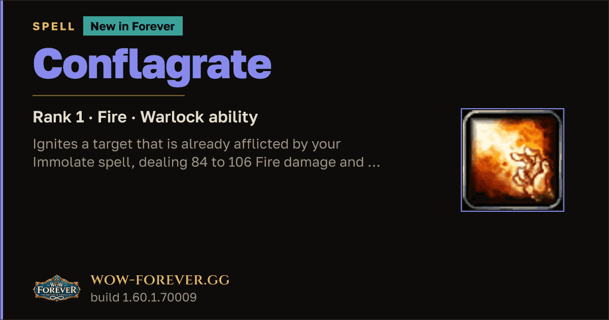 The preview card for Conflagrate (Rank 1) - Warlock Talent