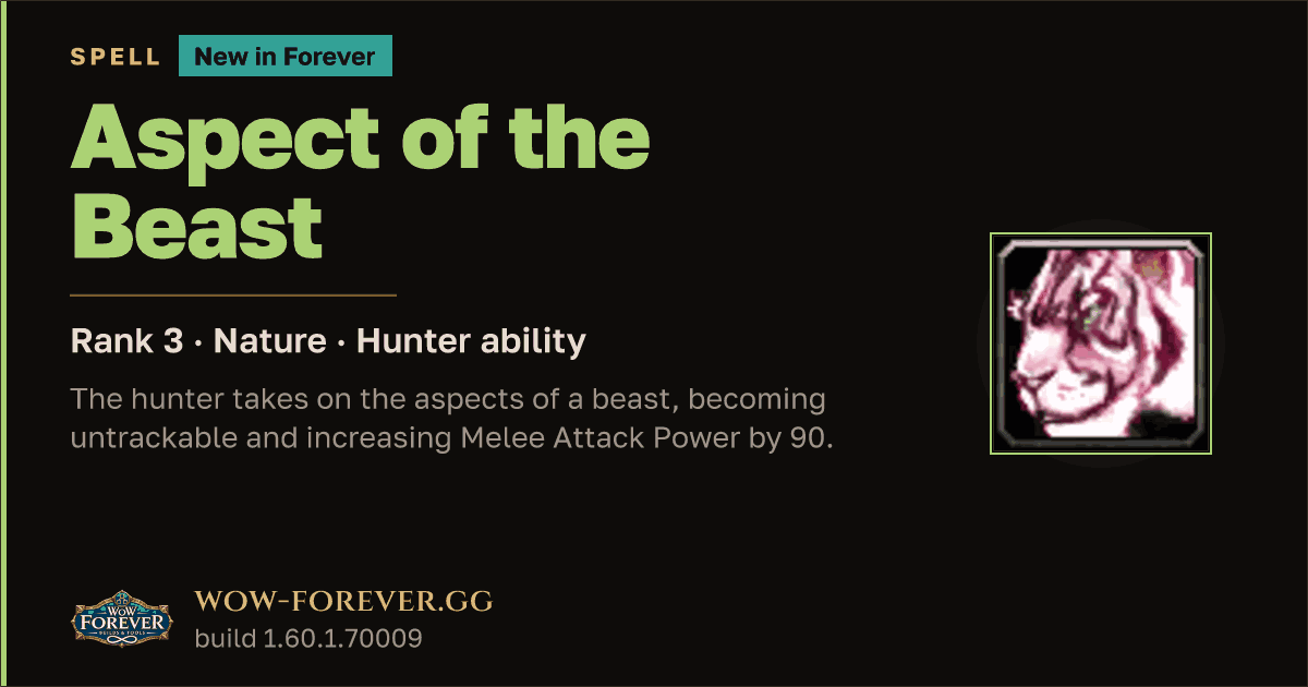 The preview card for Aspect of the Beast (Rank 3) - Hunter Spell